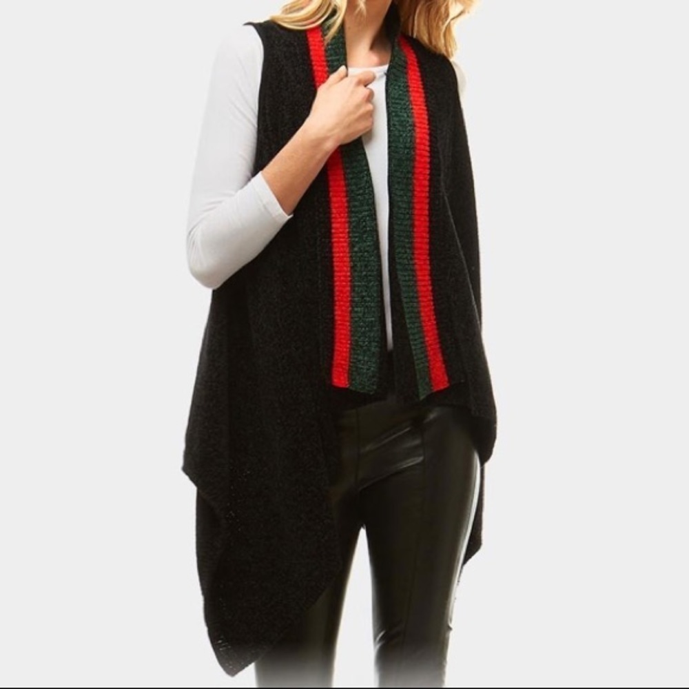 LOF Open Draped Front Asymmetrical Chenille Vest Black Red & Green One Size